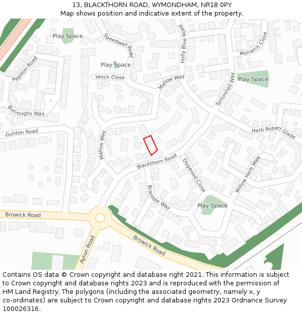 13, BLACKTHORN ROAD, WYMONDHAM, NR18 0PY: Location map and indicative extent of plot