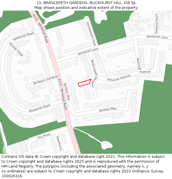13, BRANCEPETH GARDENS, BUCKHURST HILL, IG9 5JL: Location map and indicative extent of plot