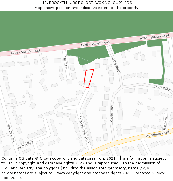 13, BROCKENHURST CLOSE, WOKING, GU21 4DS: Location map and indicative extent of plot