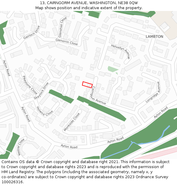 13, CAIRNGORM AVENUE, WASHINGTON, NE38 0QW: Location map and indicative extent of plot