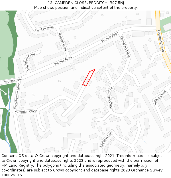 13, CAMPDEN CLOSE, REDDITCH, B97 5NJ: Location map and indicative extent of plot