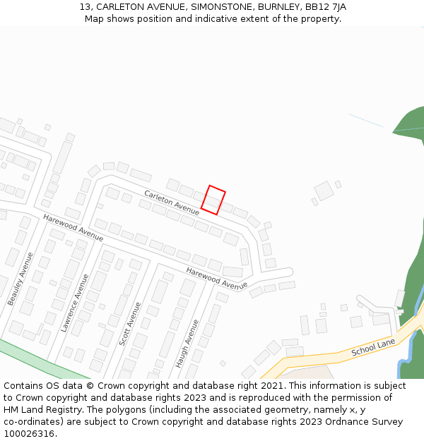 13, CARLETON AVENUE, SIMONSTONE, BURNLEY, BB12 7JA: Location map and indicative extent of plot