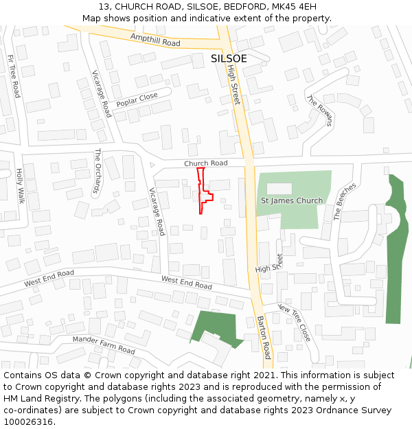 13, CHURCH ROAD, SILSOE, BEDFORD, MK45 4EH: Location map and indicative extent of plot