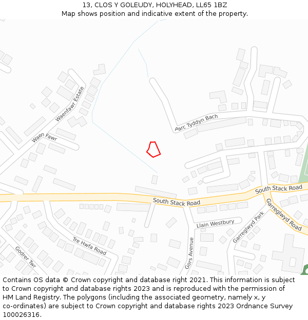 13, CLOS Y GOLEUDY, HOLYHEAD, LL65 1BZ: Location map and indicative extent of plot