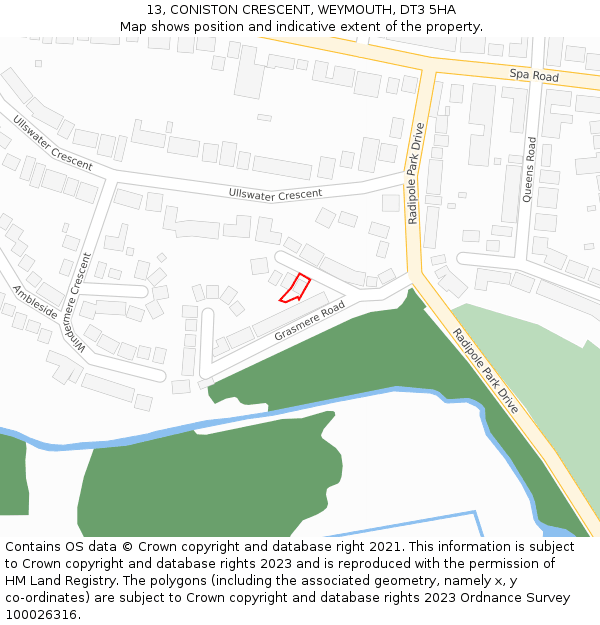 13, CONISTON CRESCENT, WEYMOUTH, DT3 5HA: Location map and indicative extent of plot