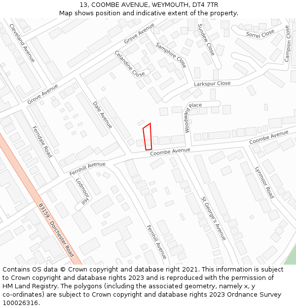 13, COOMBE AVENUE, WEYMOUTH, DT4 7TR: Location map and indicative extent of plot