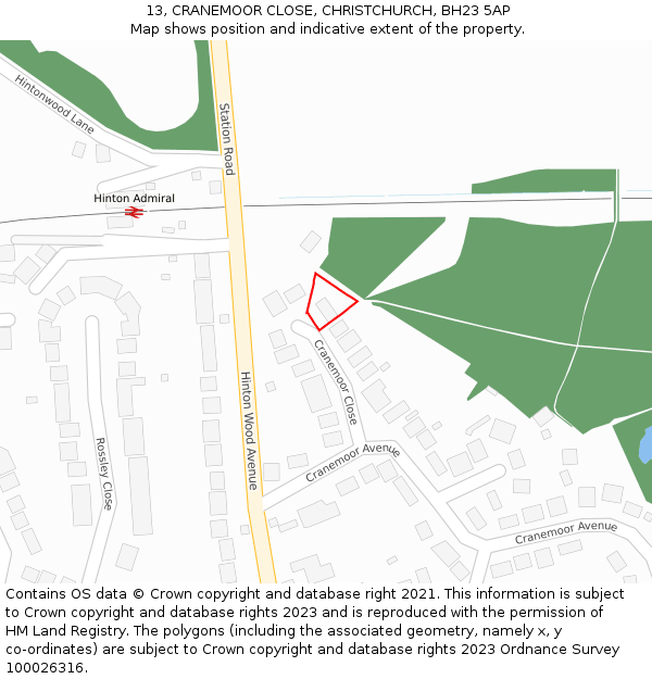 13, CRANEMOOR CLOSE, CHRISTCHURCH, BH23 5AP: Location map and indicative extent of plot