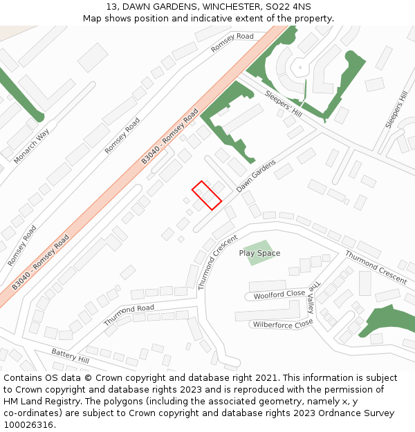 13, DAWN GARDENS, WINCHESTER, SO22 4NS: Location map and indicative extent of plot