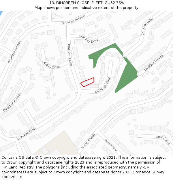 13, DINORBEN CLOSE, FLEET, GU52 7SW: Location map and indicative extent of plot