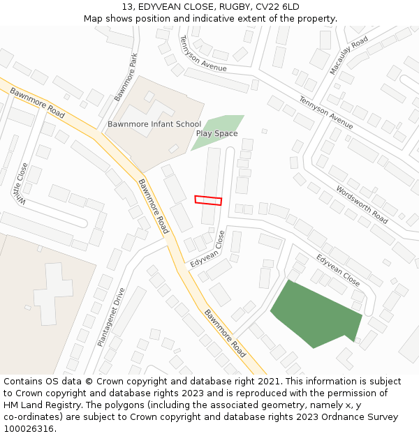 13, EDYVEAN CLOSE, RUGBY, CV22 6LD: Location map and indicative extent of plot