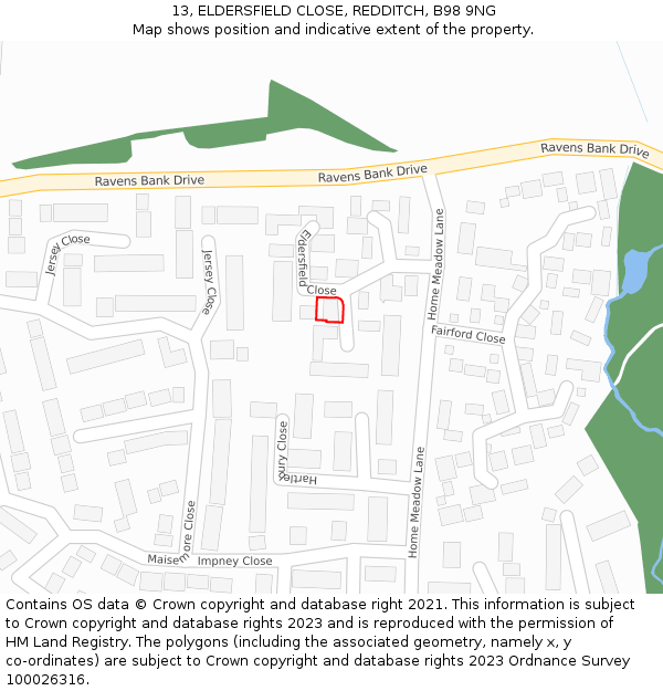 13, ELDERSFIELD CLOSE, REDDITCH, B98 9NG: Location map and indicative extent of plot