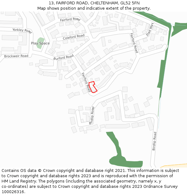 13, FAIRFORD ROAD, CHELTENHAM, GL52 5FN: Location map and indicative extent of plot