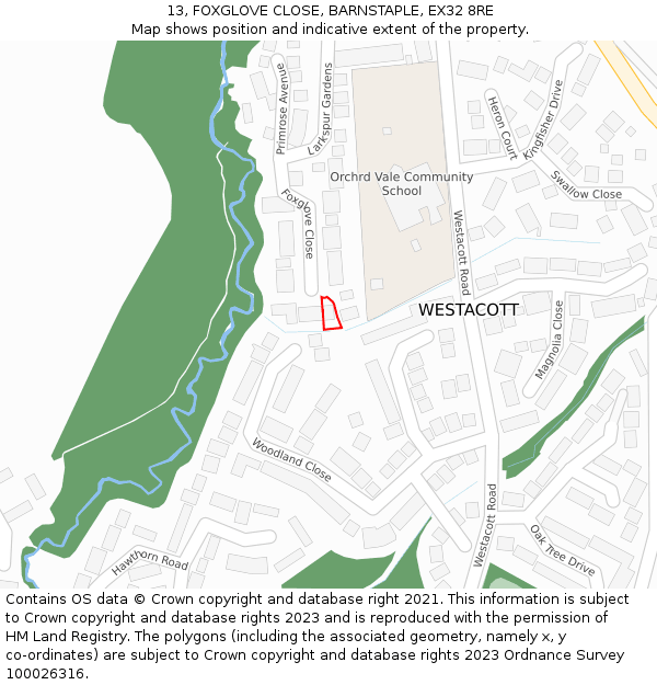 13, FOXGLOVE CLOSE, BARNSTAPLE, EX32 8RE: Location map and indicative extent of plot