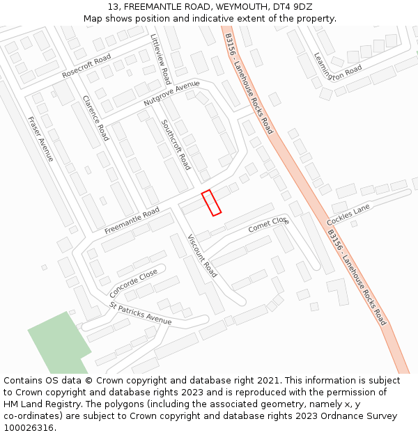 13, FREEMANTLE ROAD, WEYMOUTH, DT4 9DZ: Location map and indicative extent of plot