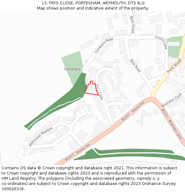 13, FRYS CLOSE, PORTESHAM, WEYMOUTH, DT3 4LQ: Location map and indicative extent of plot