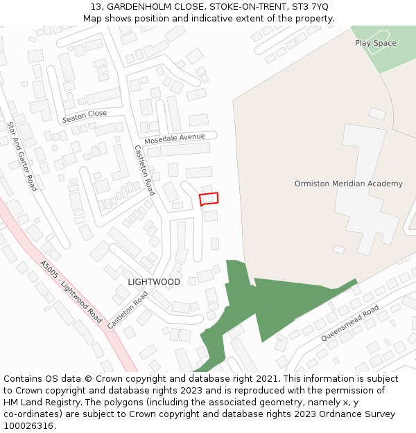 13, GARDENHOLM CLOSE, STOKE-ON-TRENT, ST3 7YQ: Location map and indicative extent of plot