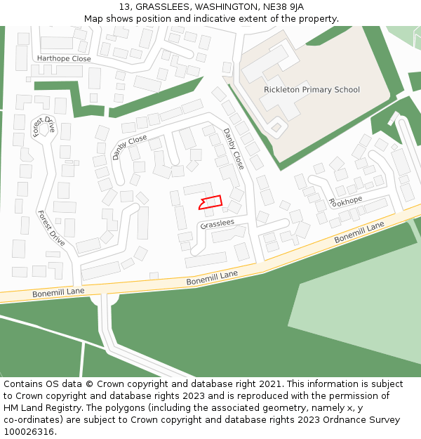 13, GRASSLEES, WASHINGTON, NE38 9JA: Location map and indicative extent of plot