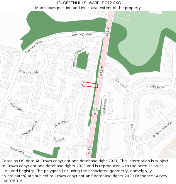 13, GREENHILLS, WARE, SG12 0XG: Location map and indicative extent of plot