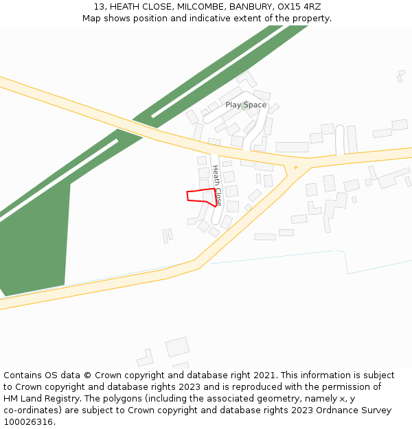 13, HEATH CLOSE, MILCOMBE, BANBURY, OX15 4RZ: Location map and indicative extent of plot