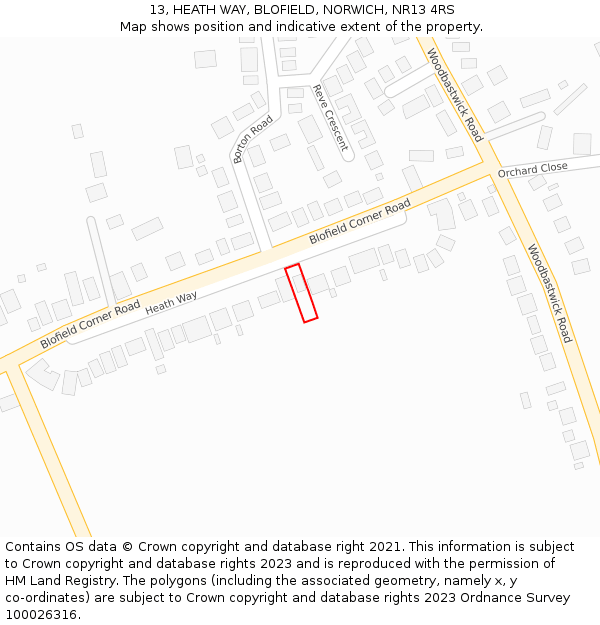 13, HEATH WAY, BLOFIELD, NORWICH, NR13 4RS: Location map and indicative extent of plot