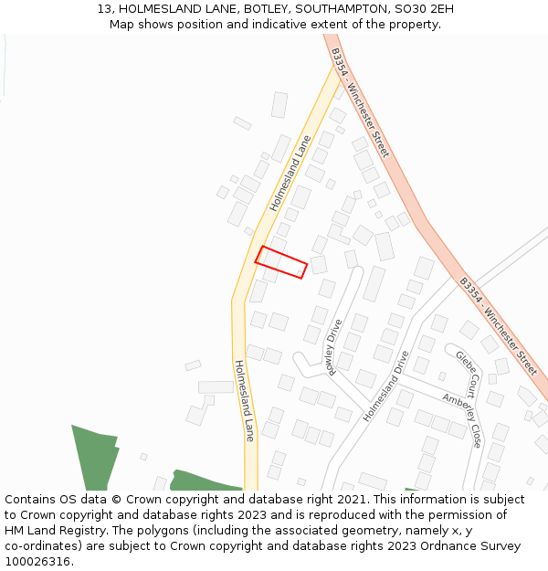 13, HOLMESLAND LANE, BOTLEY, SOUTHAMPTON, SO30 2EH: Location map and indicative extent of plot