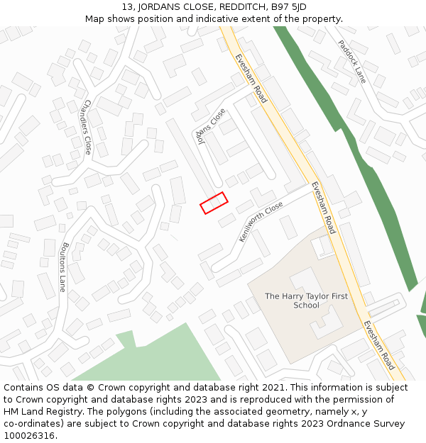 13, JORDANS CLOSE, REDDITCH, B97 5JD: Location map and indicative extent of plot