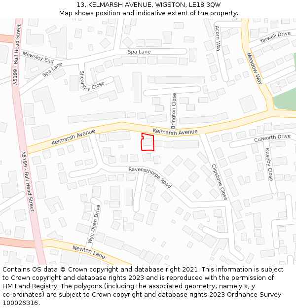 13, KELMARSH AVENUE, WIGSTON, LE18 3QW: Location map and indicative extent of plot