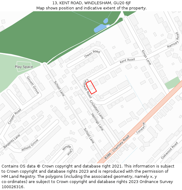 13, KENT ROAD, WINDLESHAM, GU20 6JF: Location map and indicative extent of plot