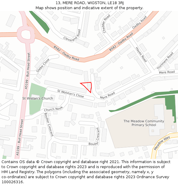 13, MERE ROAD, WIGSTON, LE18 3RJ: Location map and indicative extent of plot