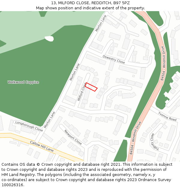 13, MILFORD CLOSE, REDDITCH, B97 5PZ: Location map and indicative extent of plot