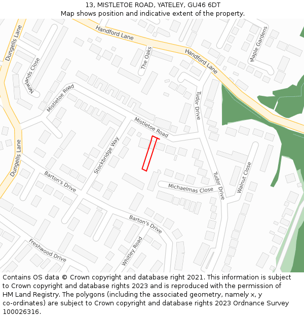 13, MISTLETOE ROAD, YATELEY, GU46 6DT: Location map and indicative extent of plot