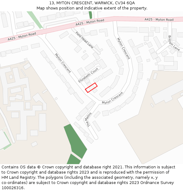 13, MYTON CRESCENT, WARWICK, CV34 6QA: Location map and indicative extent of plot