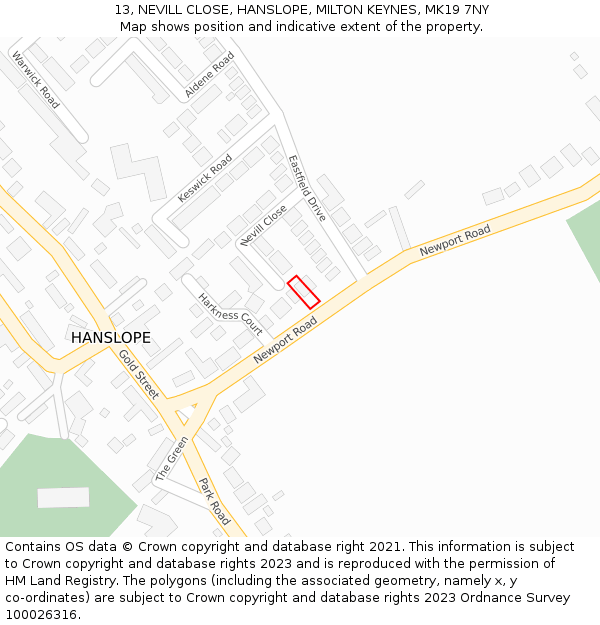 13, NEVILL CLOSE, HANSLOPE, MILTON KEYNES, MK19 7NY: Location map and indicative extent of plot