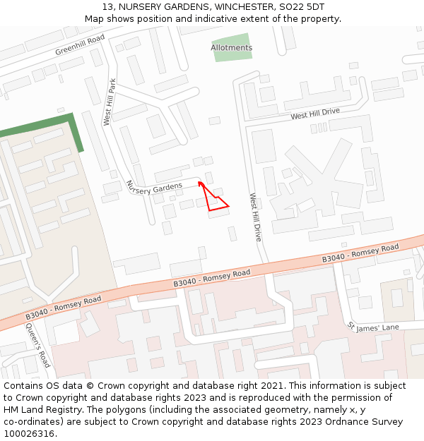 13, NURSERY GARDENS, WINCHESTER, SO22 5DT: Location map and indicative extent of plot