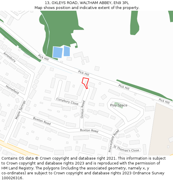 13, OXLEYS ROAD, WALTHAM ABBEY, EN9 3PL: Location map and indicative extent of plot