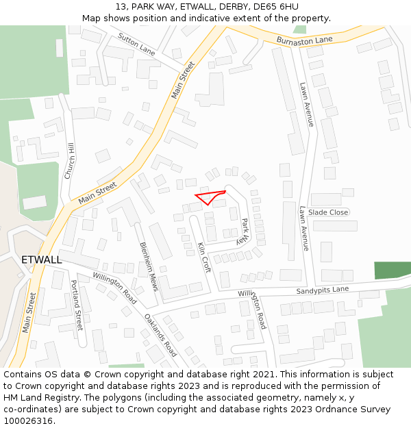 13, PARK WAY, ETWALL, DERBY, DE65 6HU: Location map and indicative extent of plot
