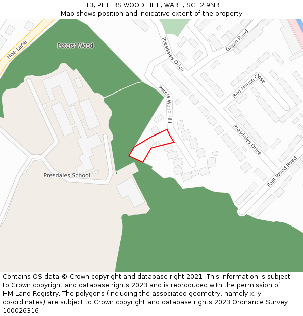 13, PETERS WOOD HILL, WARE, SG12 9NR: Location map and indicative extent of plot