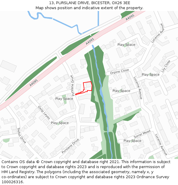 13, PURSLANE DRIVE, BICESTER, OX26 3EE: Location map and indicative extent of plot