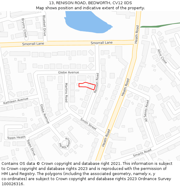 13, RENISON ROAD, BEDWORTH, CV12 0DS: Location map and indicative extent of plot