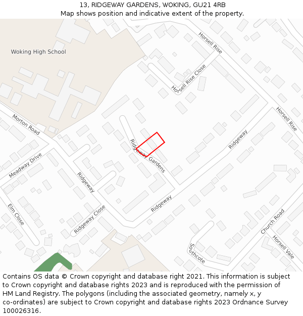 13, RIDGEWAY GARDENS, WOKING, GU21 4RB: Location map and indicative extent of plot