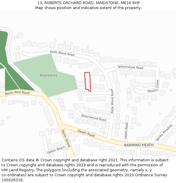 13, ROBERTS ORCHARD ROAD, MAIDSTONE, ME16 9HP: Location map and indicative extent of plot
