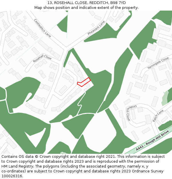 13, ROSEHALL CLOSE, REDDITCH, B98 7YD: Location map and indicative extent of plot