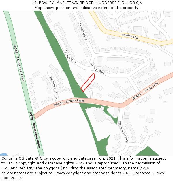 13, ROWLEY LANE, FENAY BRIDGE, HUDDERSFIELD, HD8 0JN: Location map and indicative extent of plot