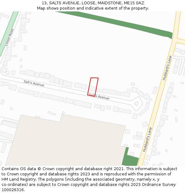 13, SALTS AVENUE, LOOSE, MAIDSTONE, ME15 0AZ: Location map and indicative extent of plot