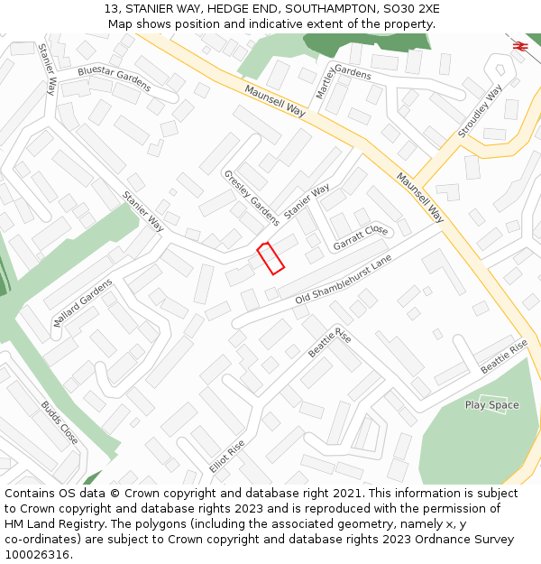 13, STANIER WAY, HEDGE END, SOUTHAMPTON, SO30 2XE: Location map and indicative extent of plot