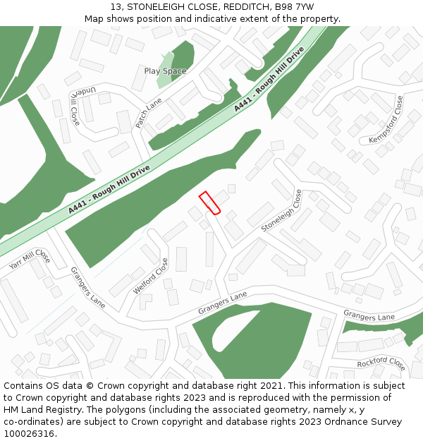 13, STONELEIGH CLOSE, REDDITCH, B98 7YW: Location map and indicative extent of plot