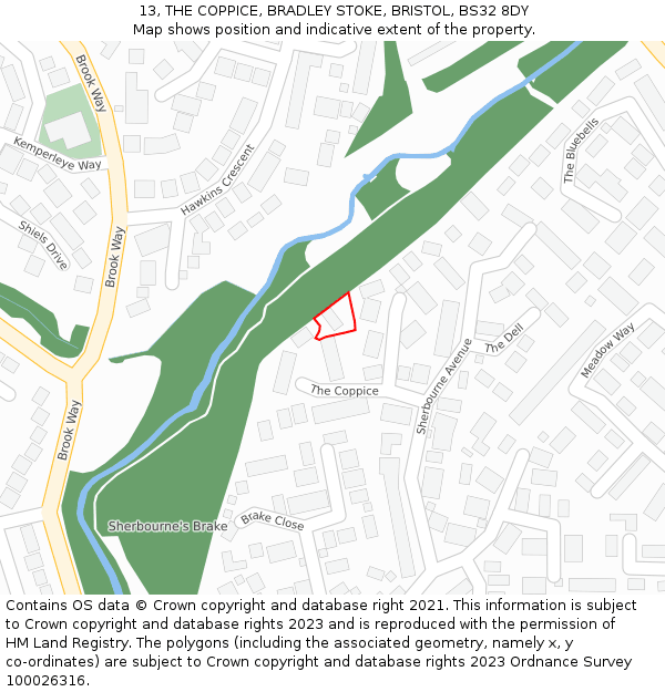 13, THE COPPICE, BRADLEY STOKE, BRISTOL, BS32 8DY: Location map and indicative extent of plot