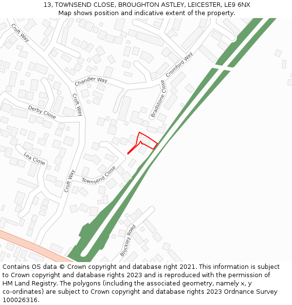 13, TOWNSEND CLOSE, BROUGHTON ASTLEY, LEICESTER, LE9 6NX: Location map and indicative extent of plot