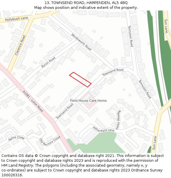 13, TOWNSEND ROAD, HARPENDEN, AL5 4BQ: Location map and indicative extent of plot