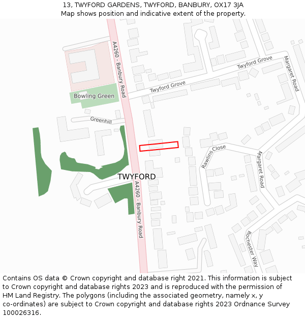 13, TWYFORD GARDENS, TWYFORD, BANBURY, OX17 3JA: Location map and indicative extent of plot